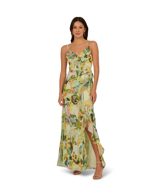Adrianna Papell Metallic Printed Strap Cascade Gown