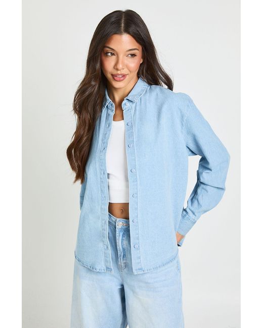 Boohoo Blue Chambray Balloon Sleeve Oversized Shirt