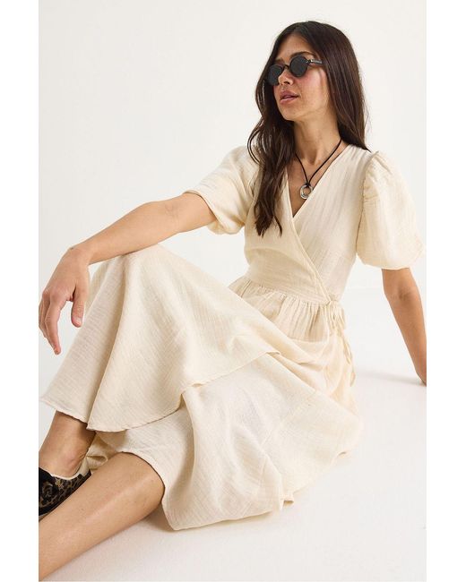 Bianco Lucci Natural Textured V-Neck Midi Dress With Wrap Closure