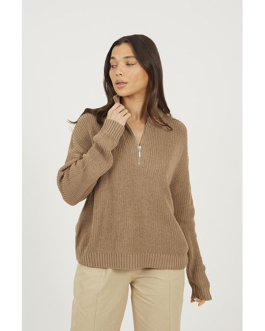 Brave Soul Natural Half Zip Funnel Neck Fisherman Knit Jumper