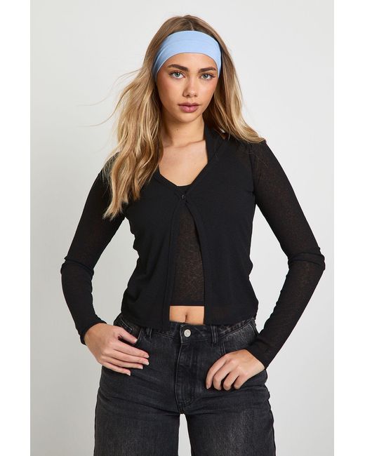Boohoo Black Double Layer Sheer Rib Button Through