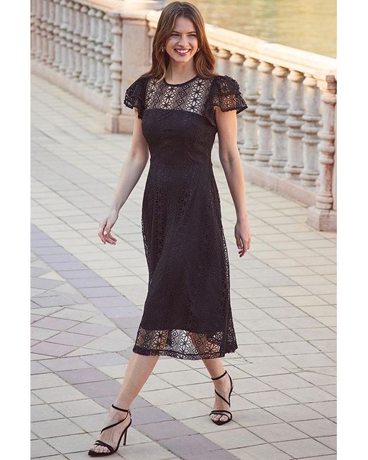 Sosandar Black Broderie Lace Flutter Sleeve Fit & Flare Midi Dress