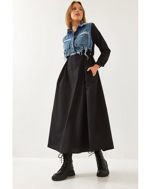 Bianco Lucci Blue Textured Gabardine Maxi Dress With Shirt Collar And Button Closure