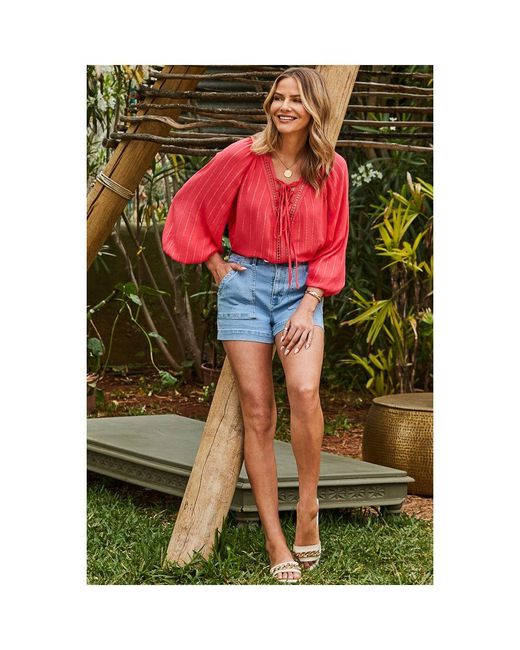 Sosandar Red Coral Metallic Blouson Sleeve Lace Up Blouse