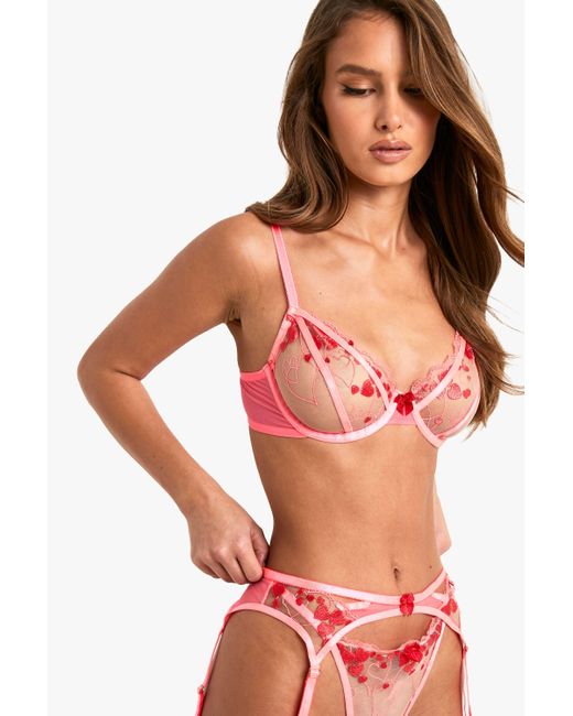 Boohoo Red Neon Heart Embroidery Underwire Bra
