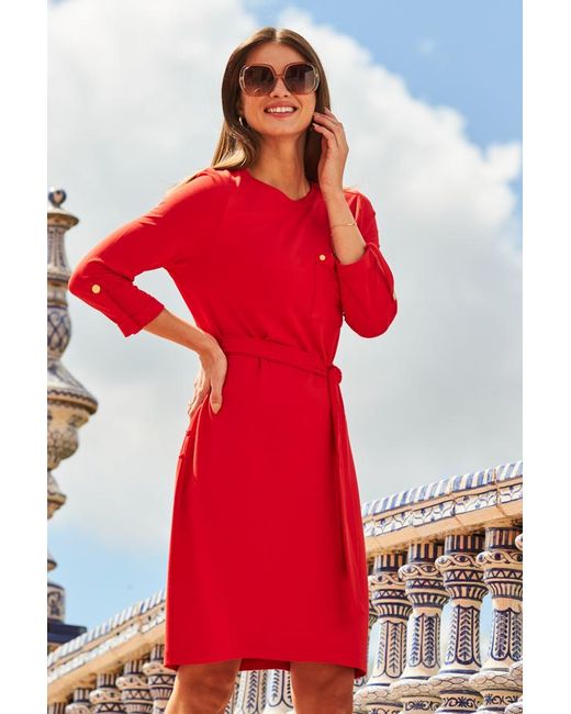Sosandar Red Pocket Detail Belted Shift Dress