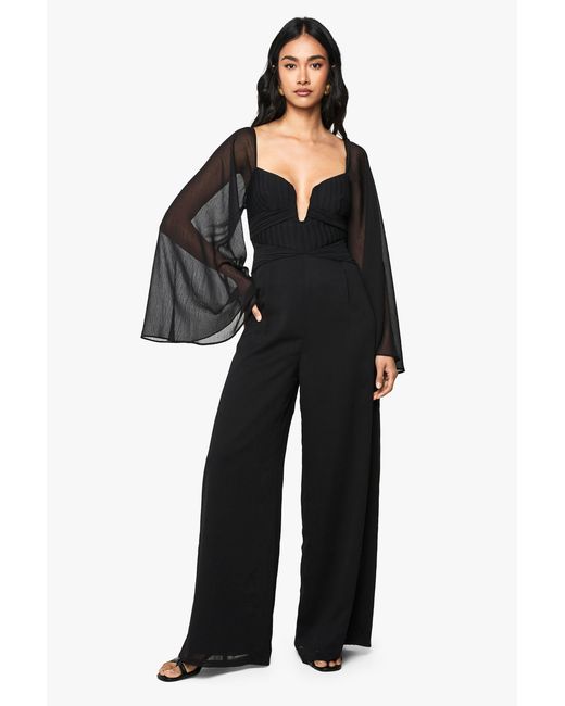 Boohoo Black Chiffon Pleated Long Sleeve Jumpsuit