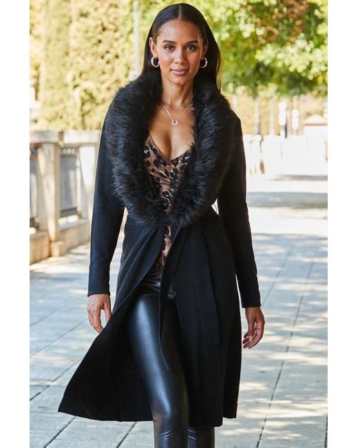 Sosandar Black Longline Cardigan With Faux Fur Trim