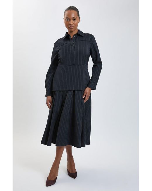 Karen Millen Blue Plus Size Tailored Pinstripe Collared Maxi Dress