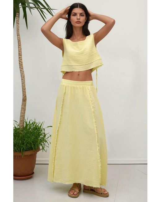 Hiccup Yellow Elastic Waist Skirt-Side Tie Detail Blouse Muslin Set