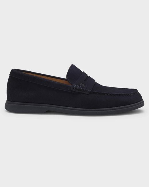 Boss Blue With Logo Penny Trim Detail Loafers for men