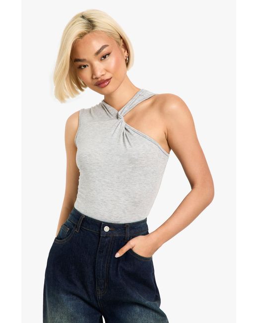 Boohoo White Twist Racer Neck Sleeveless Marl Bodysuit