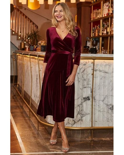 Sosandar Brown Burgundy Velvet Belted Fit & Flare Wrap Dress