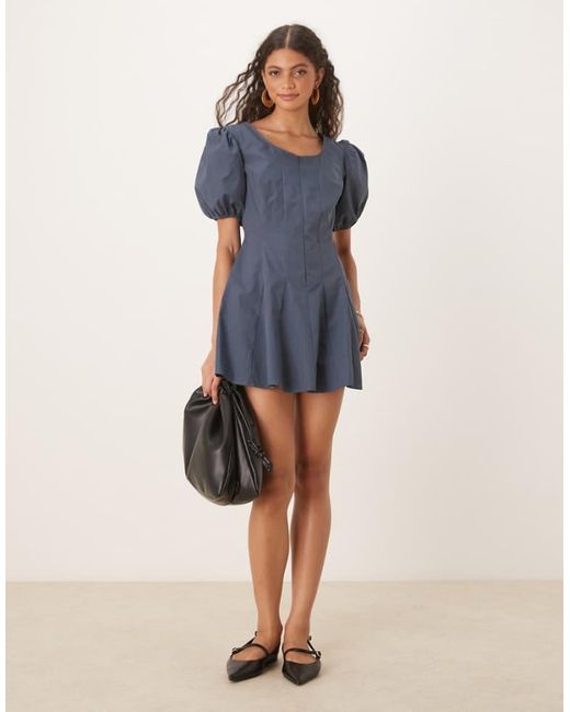 ASOS Blue Poplin Puff Sleeve Mini Dress With Godets