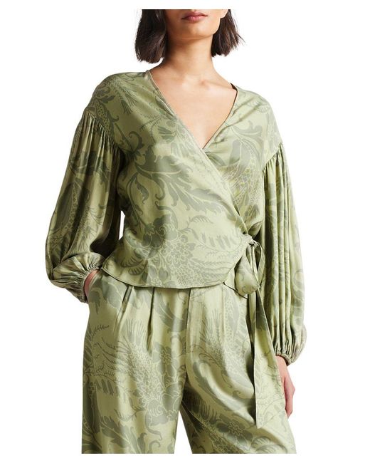 Ted Baker Green Voilete Wrap Top With Blouson Full Sleeve, Mid Viscose