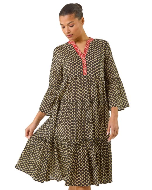 Roman Black Geometric Tiered Midi Dress