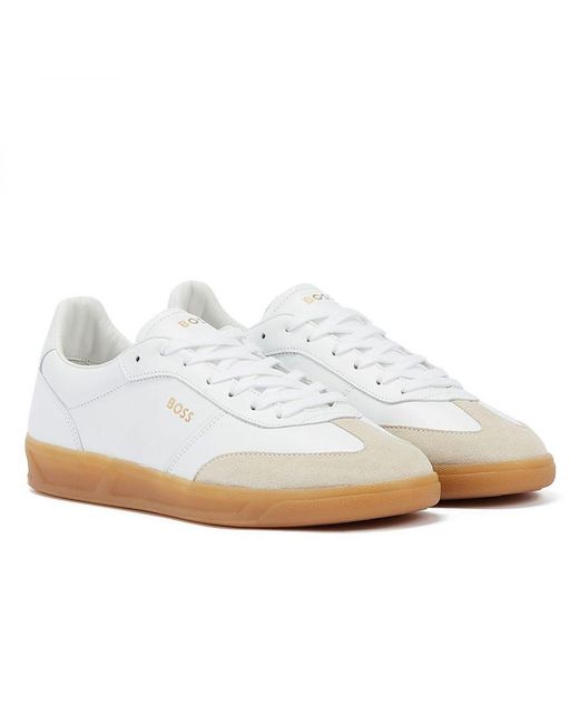 Boss White Boss Brandon Leather And Suede Trainers With Embossed Logos for men