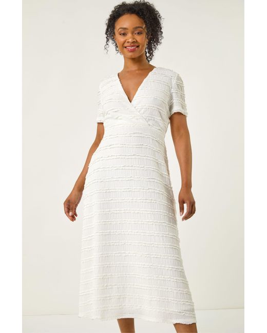Roman White Petite Ruffle Midi Wrap Dress