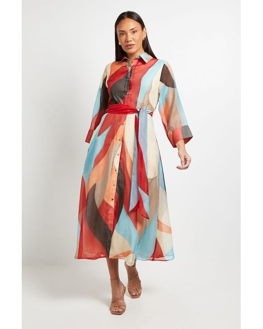 PRINCIPLES Abstract Print Belted Collared Shirt Dress