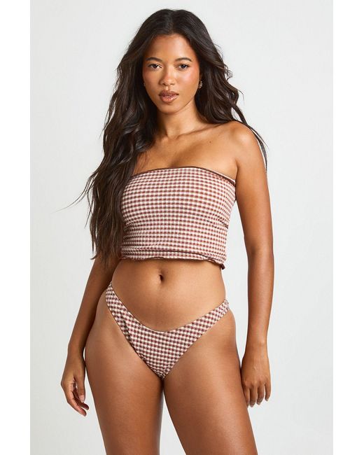 Boohoo Brown Gingham Longline Bandeau Frill Edge Bikini Top & Bottoms Set