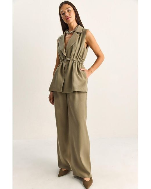 Bianco Lucci Natural High Waist Wide Leg Co-Ord Set With Jacket Collar