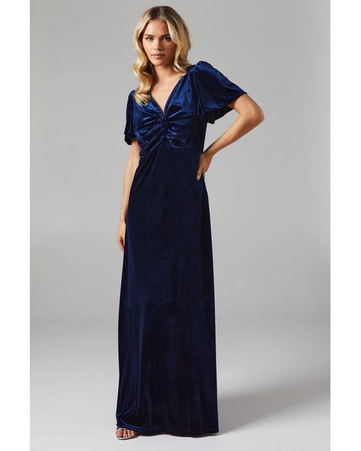 Oasis Blue Petite Velvet Twist Front Bridesmaids Midaxi Dress
