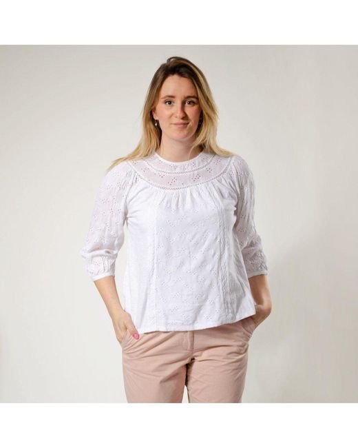 FatFace White Cotton Broderie Lace Blouse