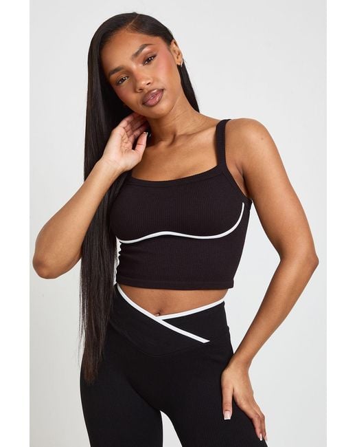 Boohoo Black Contour Ribbed Seamless Contrast Binding Padded Sports Top