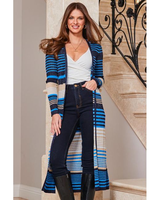 Sosandar Blue Metallic Stripe Print Longline Cardigan Viscose