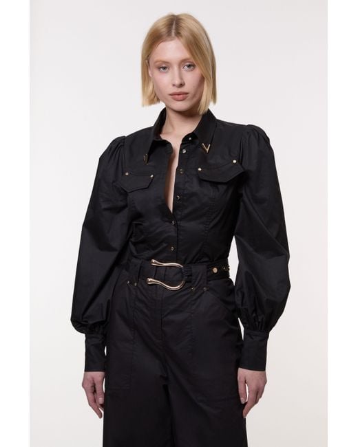 Karen Millen Blue Cotton Sateen Collar Detail Woven Shirt