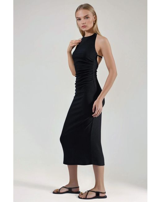 Hiccup Black Textured Midi Bodycon Dress With Halter Collar
