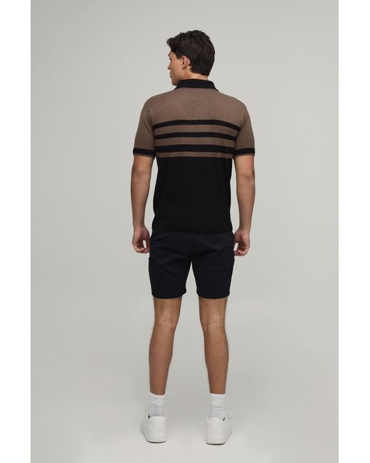 BoohooMAN Black Regular Fit 1/4 Zip Striped Knitted Polo for men