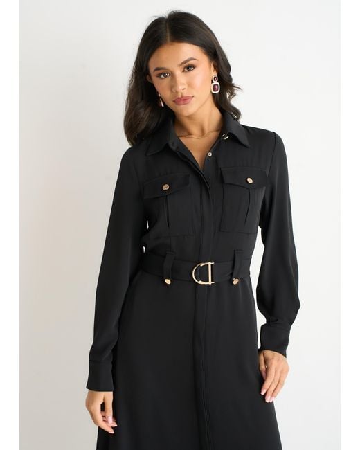 Gini London Black Luxe Button Utility Shirt Dress