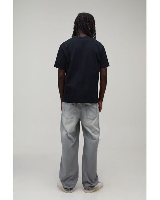 BoohooMAN Gray Relaxed Varsity Print Contrast Jeans for men
