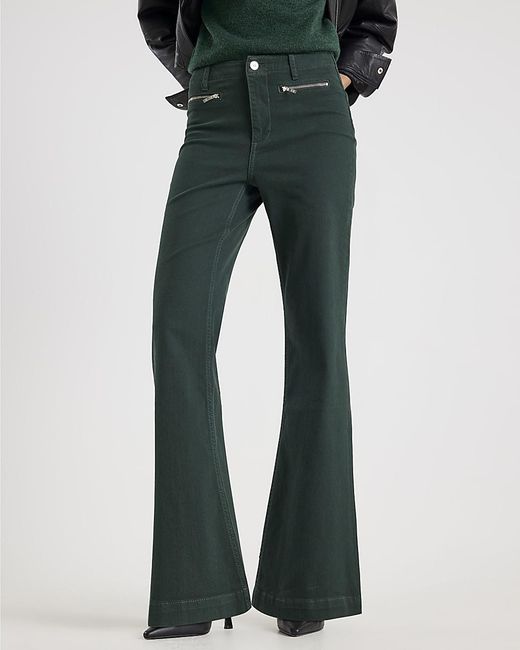 River Island Green Flared Jeans Zip Front Relaxed