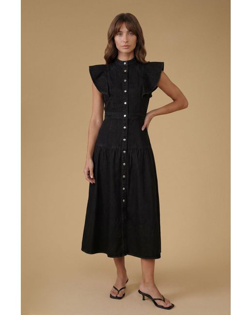 Oasis Black Ruffle Denim Midi Dress