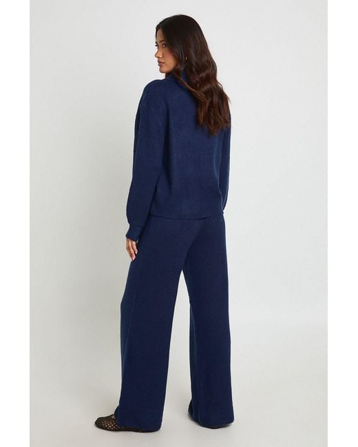 Boohoo Blue Chunky Knit Collar Detail Oversized Jumper And Wide Leg Trouser Co-Ord