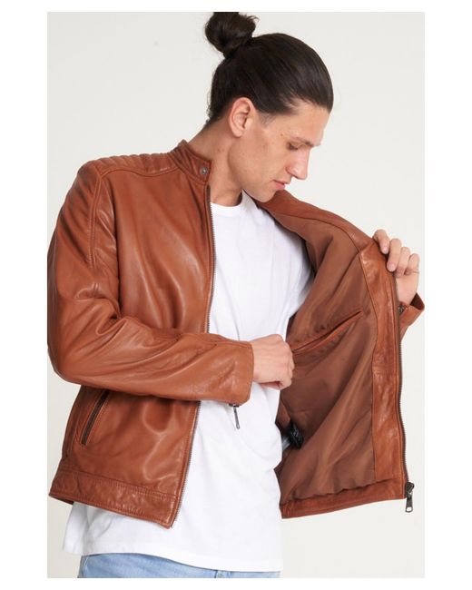 Barney's Originals Brown Veg Tanned Leather Racer Jacket for men