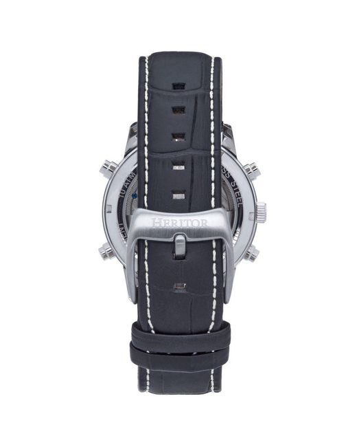 Heritor Metallic Wilhelm Semi-Skeleton Leather-Band Watch W/Day/Date for men