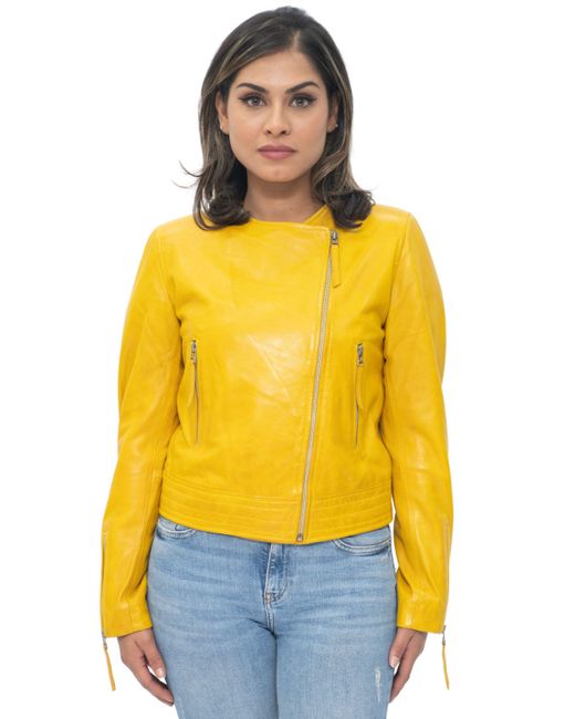 Infinity Leather Yellow Collarless Biker Jacket-Padova