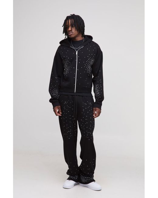 BoohooMAN Blue Tall Shrunken Rhinestone Zip Through Hoodie for men