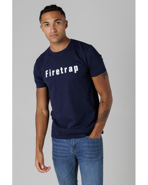 Firetrap Blue Regular Fit Cotton T Shirt With Logo for men