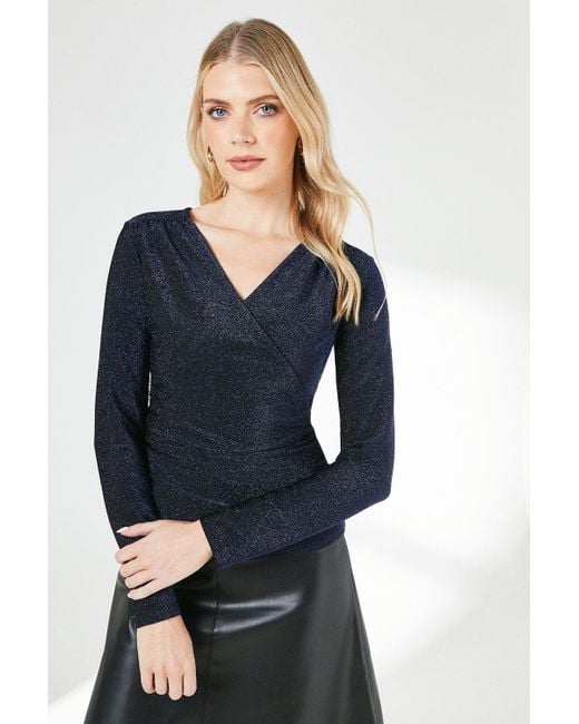 PRINCIPLES Blue Glitter Detail Jersey Wrap Top