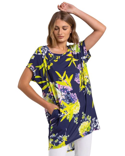 Roman Blue Floral Print Pocket Tunic Top
