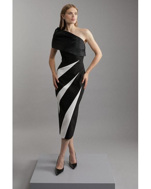 Karen Millen Gray Clean Tailored Taffeta One Shoulder Panel Midi Dress