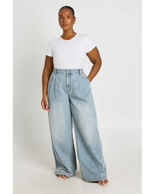 Boohoo Blue Plus Pleated Back Pocket Detail Wide Leg Jean