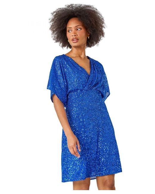 D.u.s.k Blue Sequin Embellished Wrap Stretch Dress