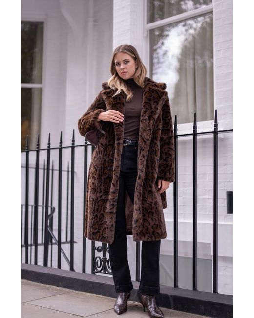 Gini London Brown Leopard Print Premium Faux Fur Belted Coat