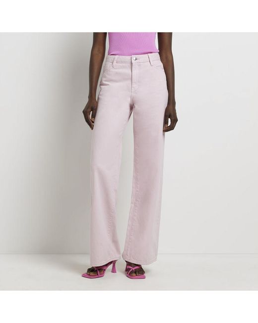 River Island Pink Wide Leg Jeans High Waisted Cotton