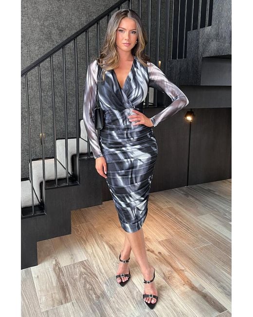 AX Paris Black And Marble Print Wrap Long Sleeve Ruched Mesh Midi Dress